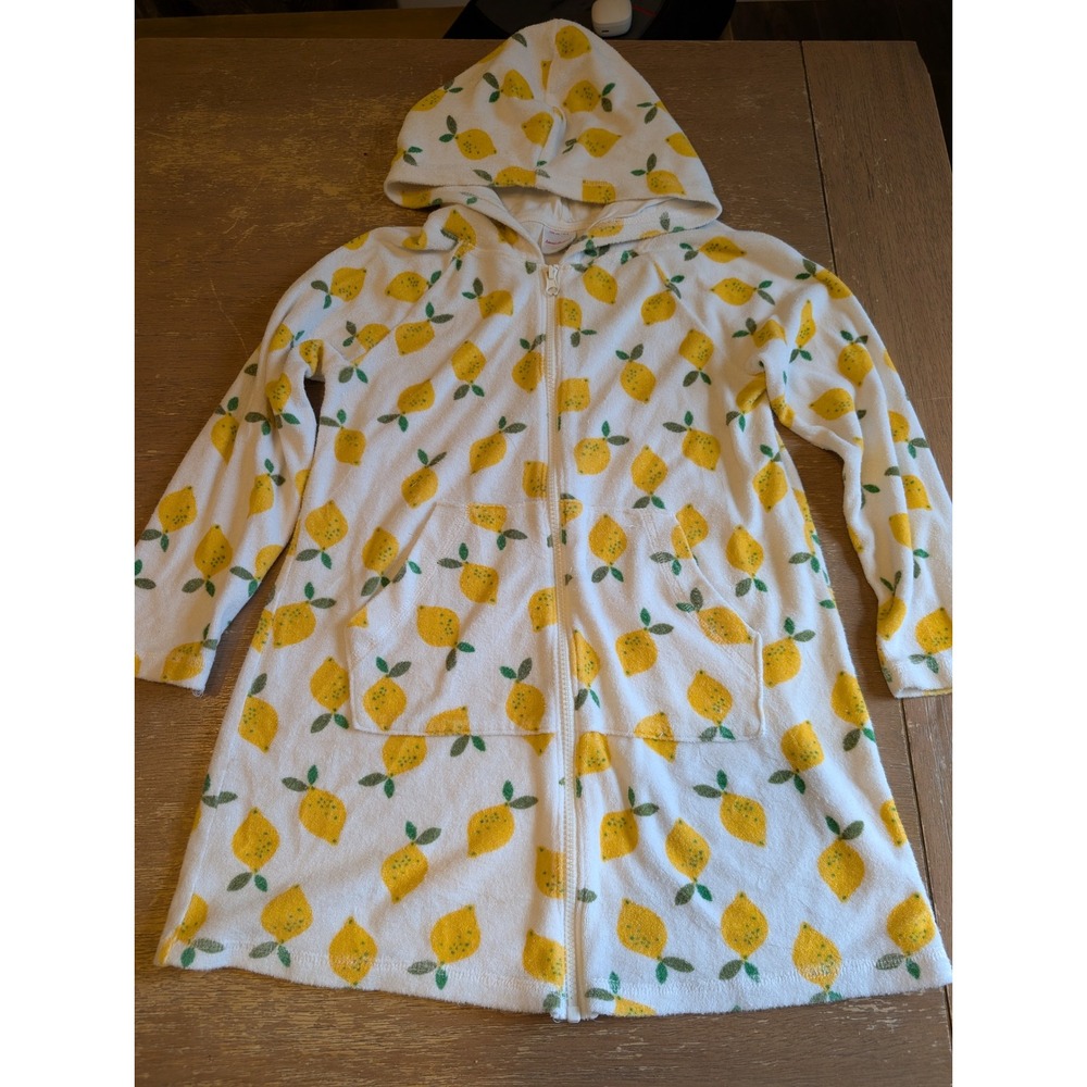 Hanna Andersson Kids Lemon Print Terry Cloth Hooded Zip Up Cover Up White Size 8
